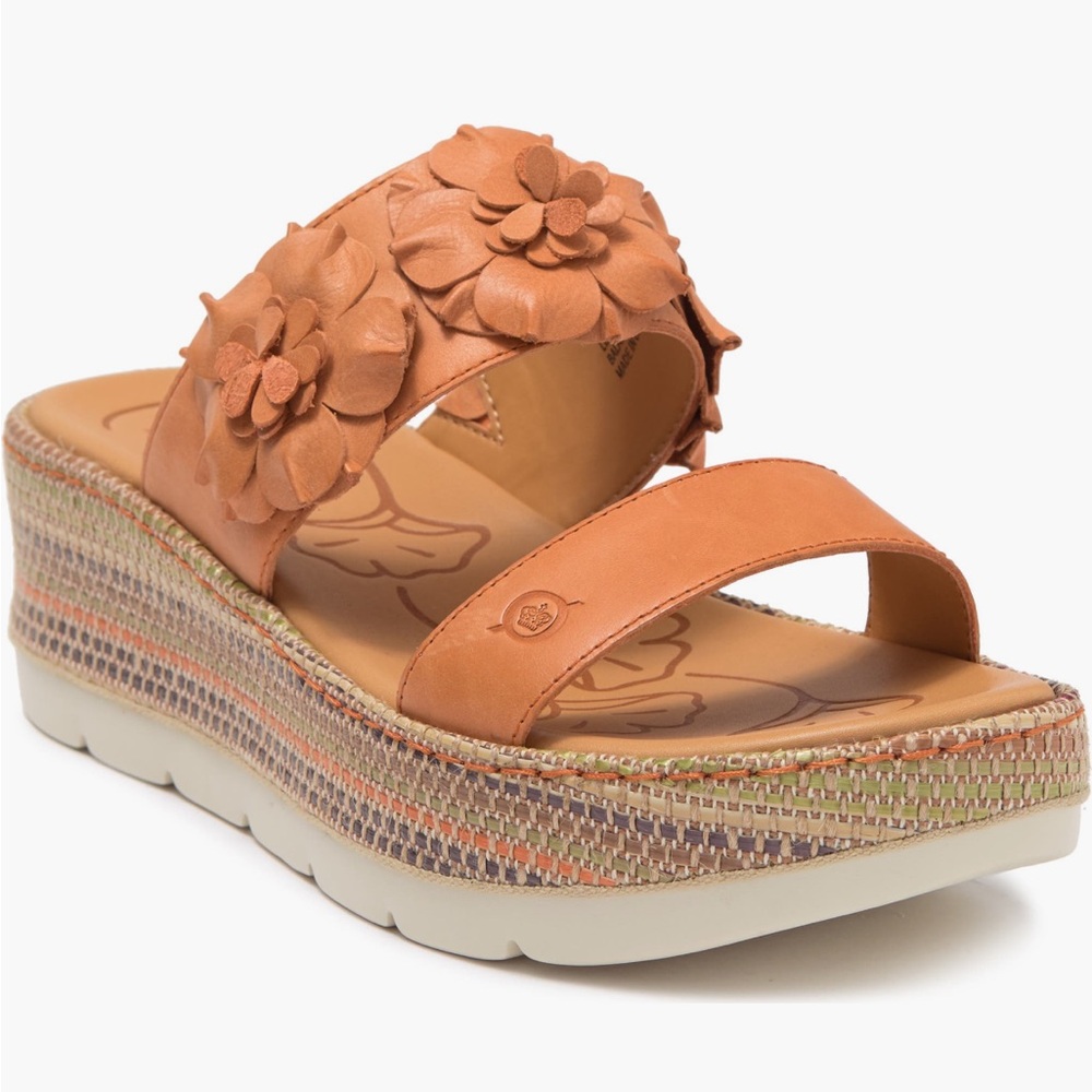 Born Tan Fawn Flower Embellished Leather Platform Sandal